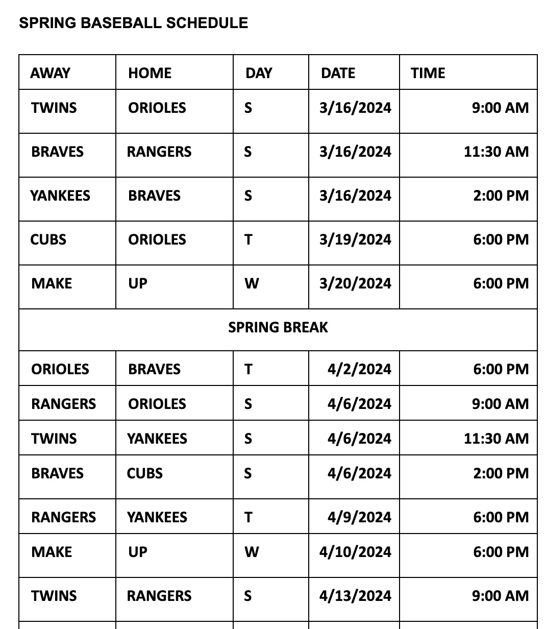 a baseball organization calendar with game times and locations for each team