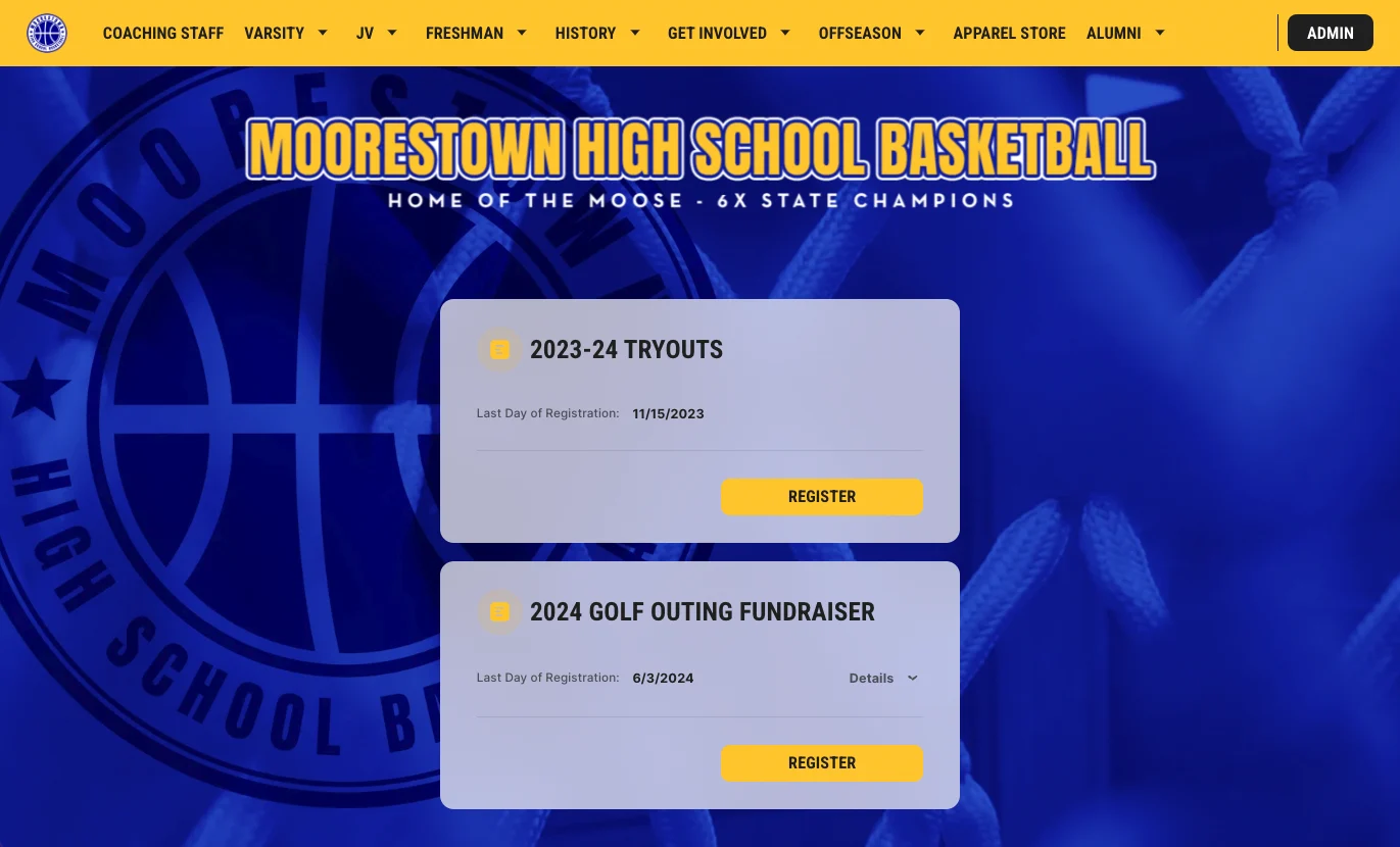 an online registration page for a high school sports team