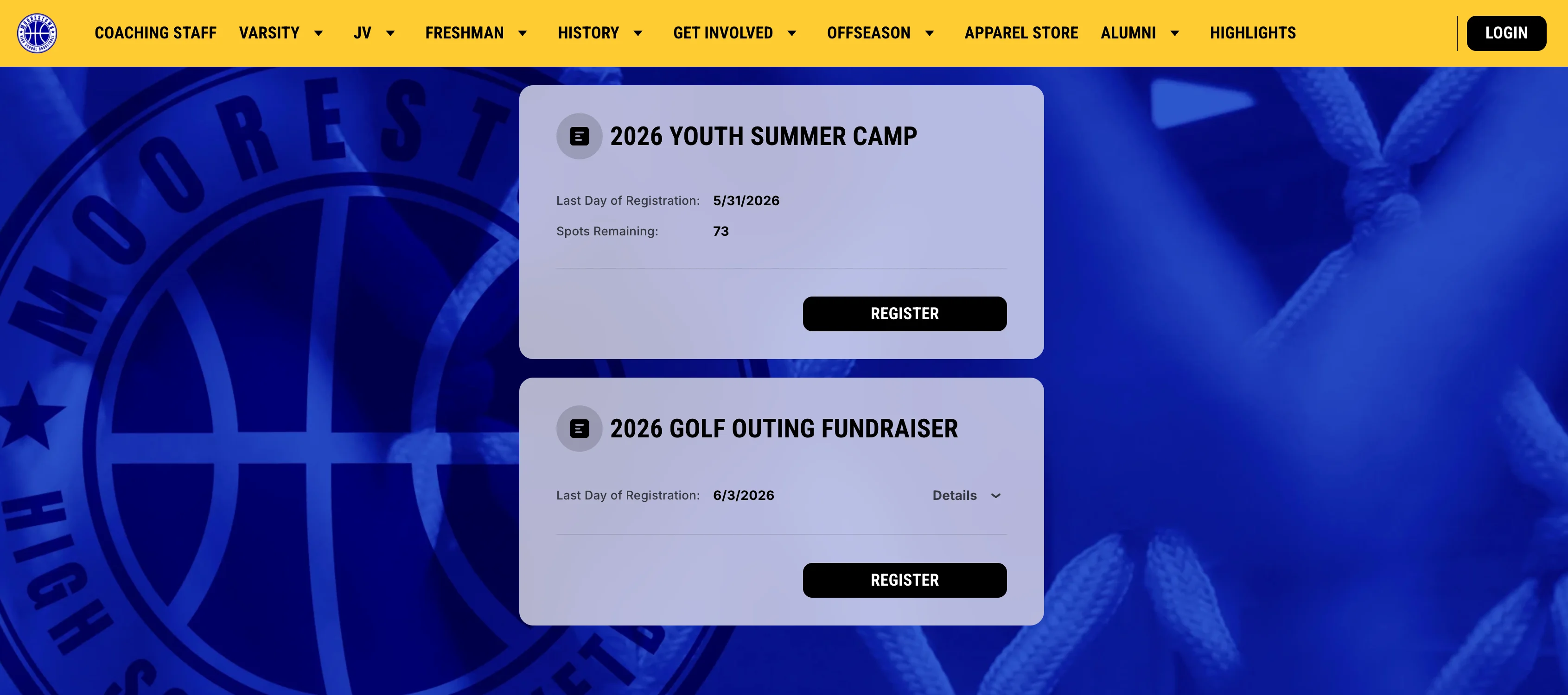 an online registration page for a high school sports team