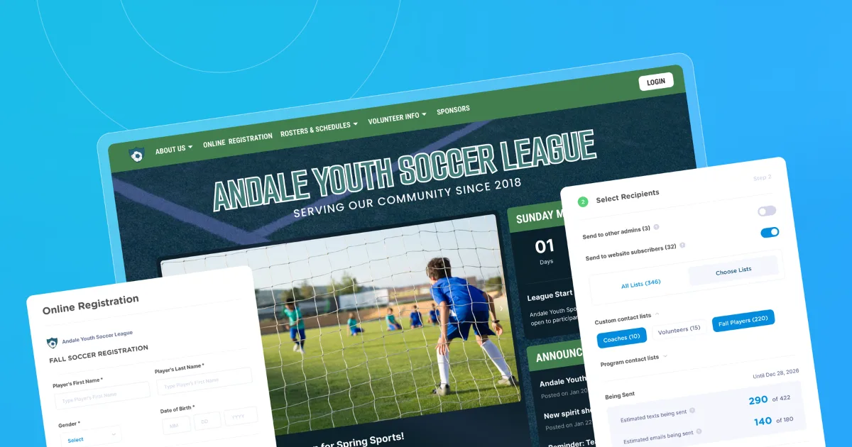 An illustration showing a youth soccer website and other management tools like registration and communication