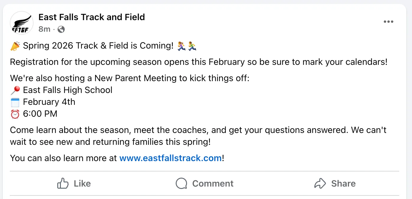A Facebook post from East Falls Track and Field reminding parents about upcoming registration