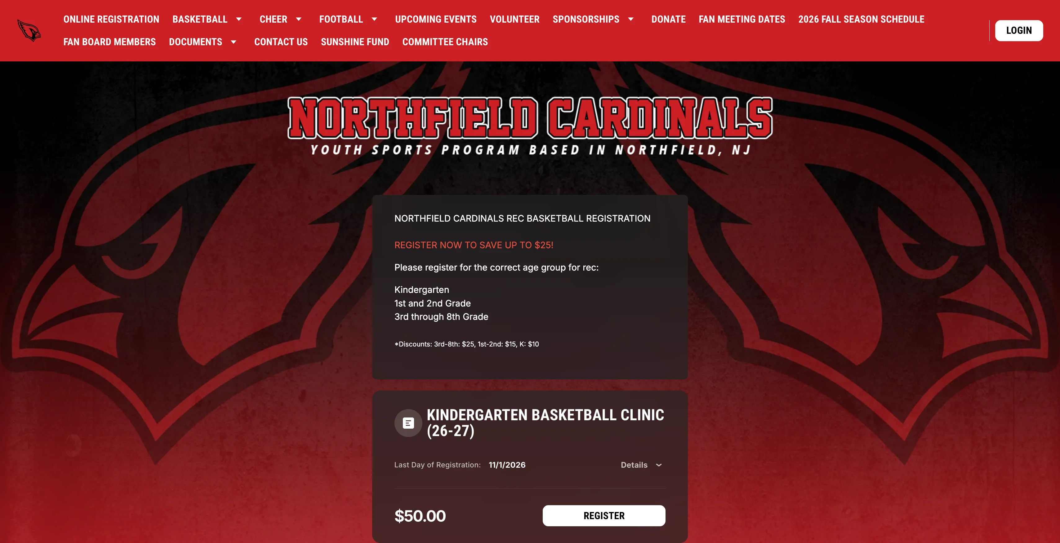 A screenshot of the Northfield Cardinals registration and payments page
