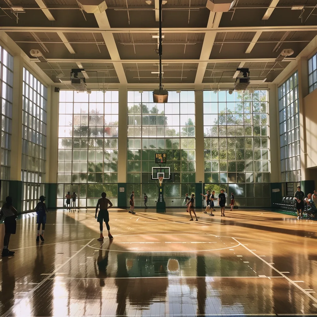 a basketball gym with several games happening at once