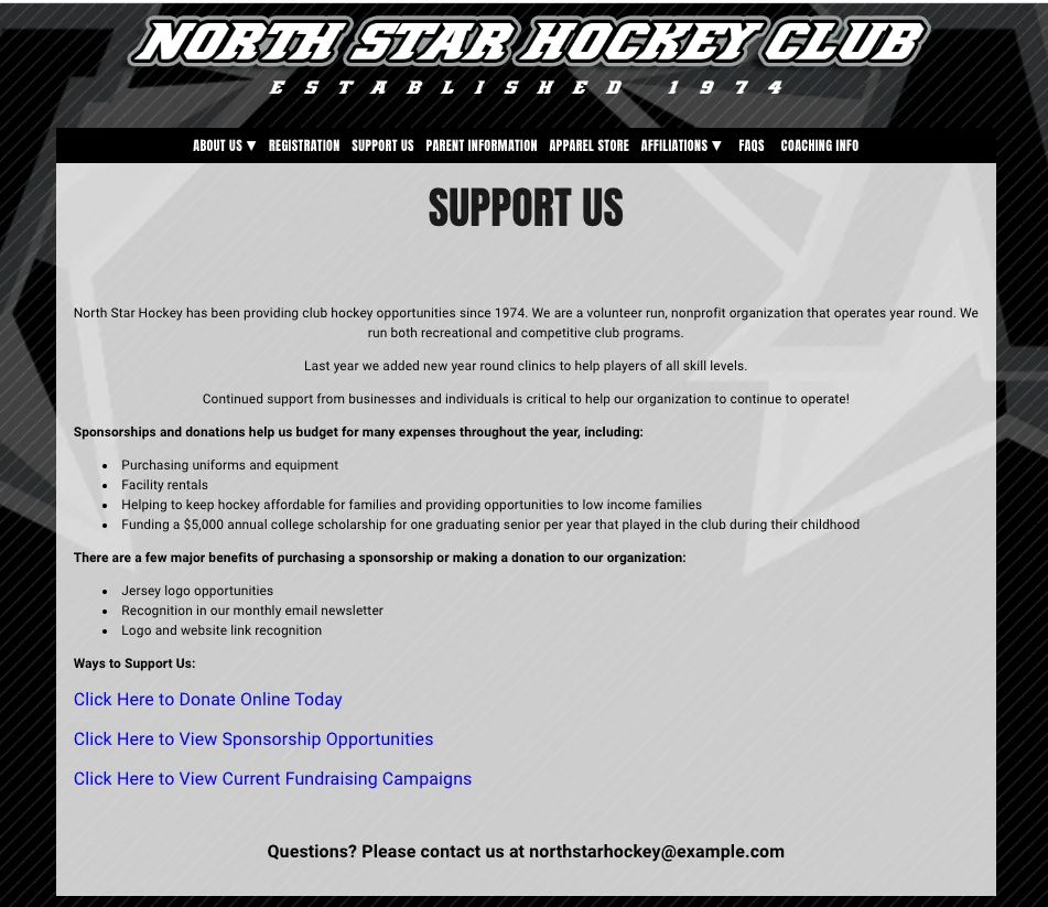 supporting a youth hockey program on a website
