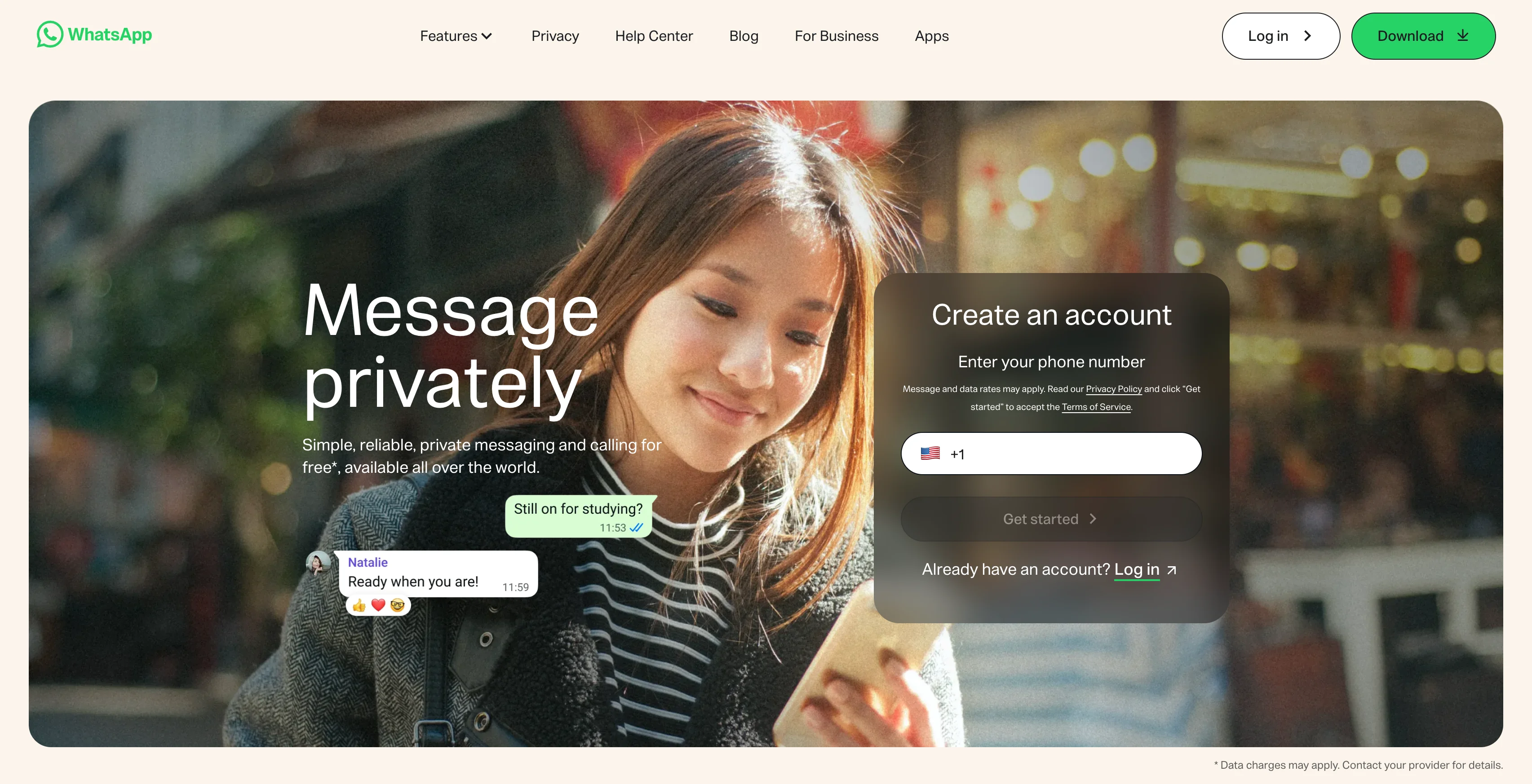 A screenshot of the WhatsApp homepage