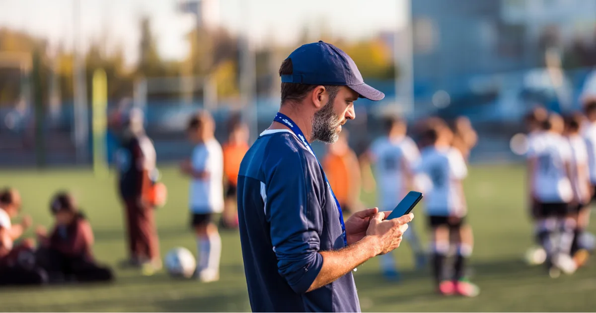 A youth sports coach using a phone during practice