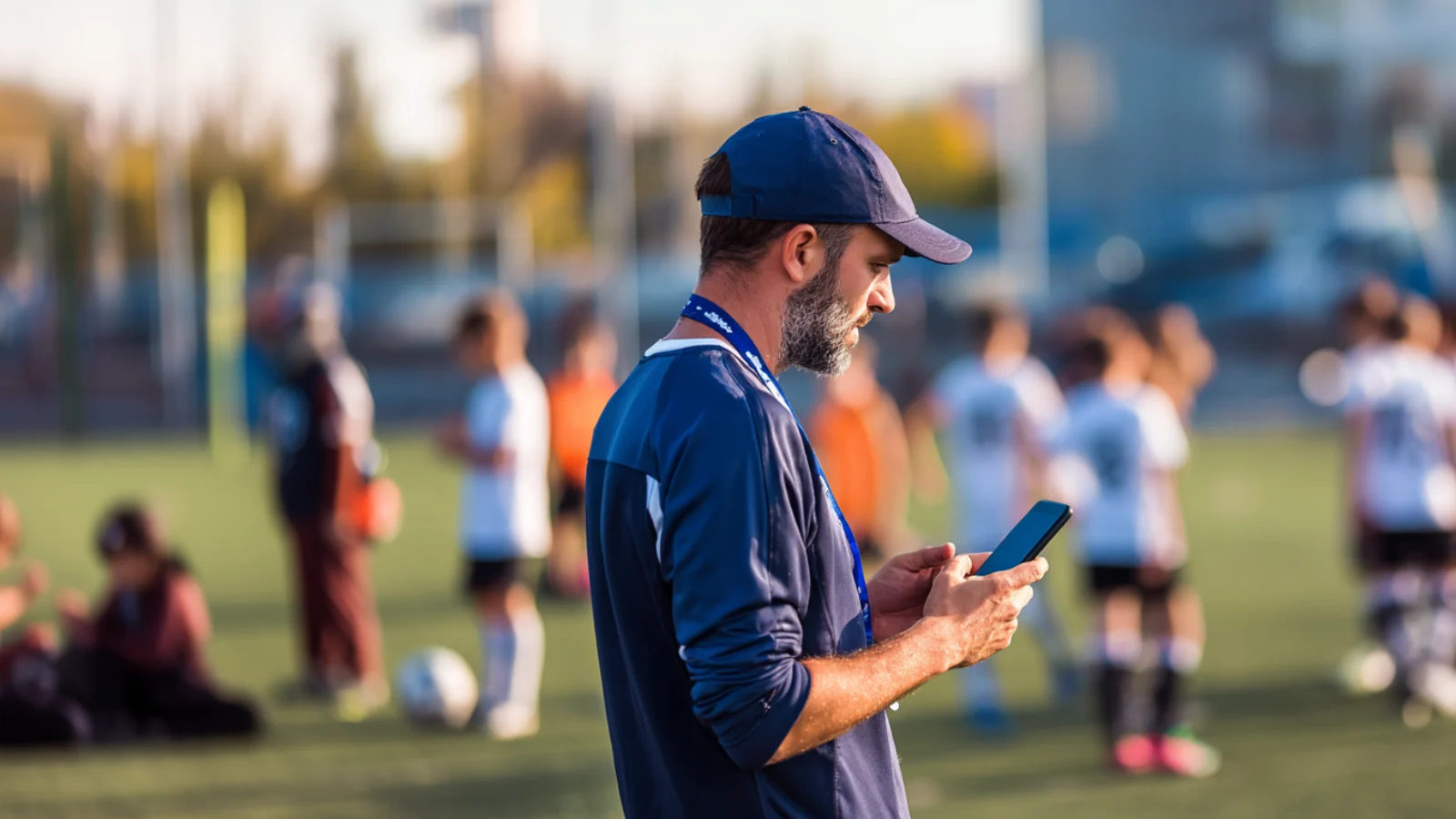 A youth sports coach using a phone during practice