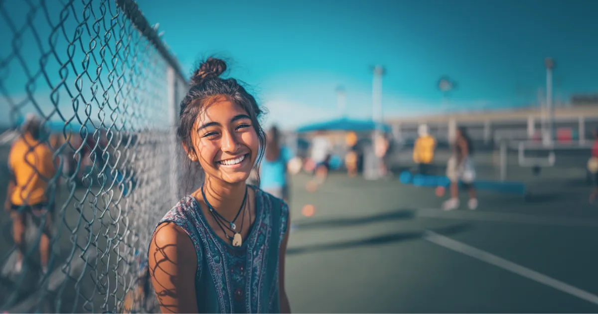 A pickleball player smiling at the camera while waiting for a fundraiser tournament to start