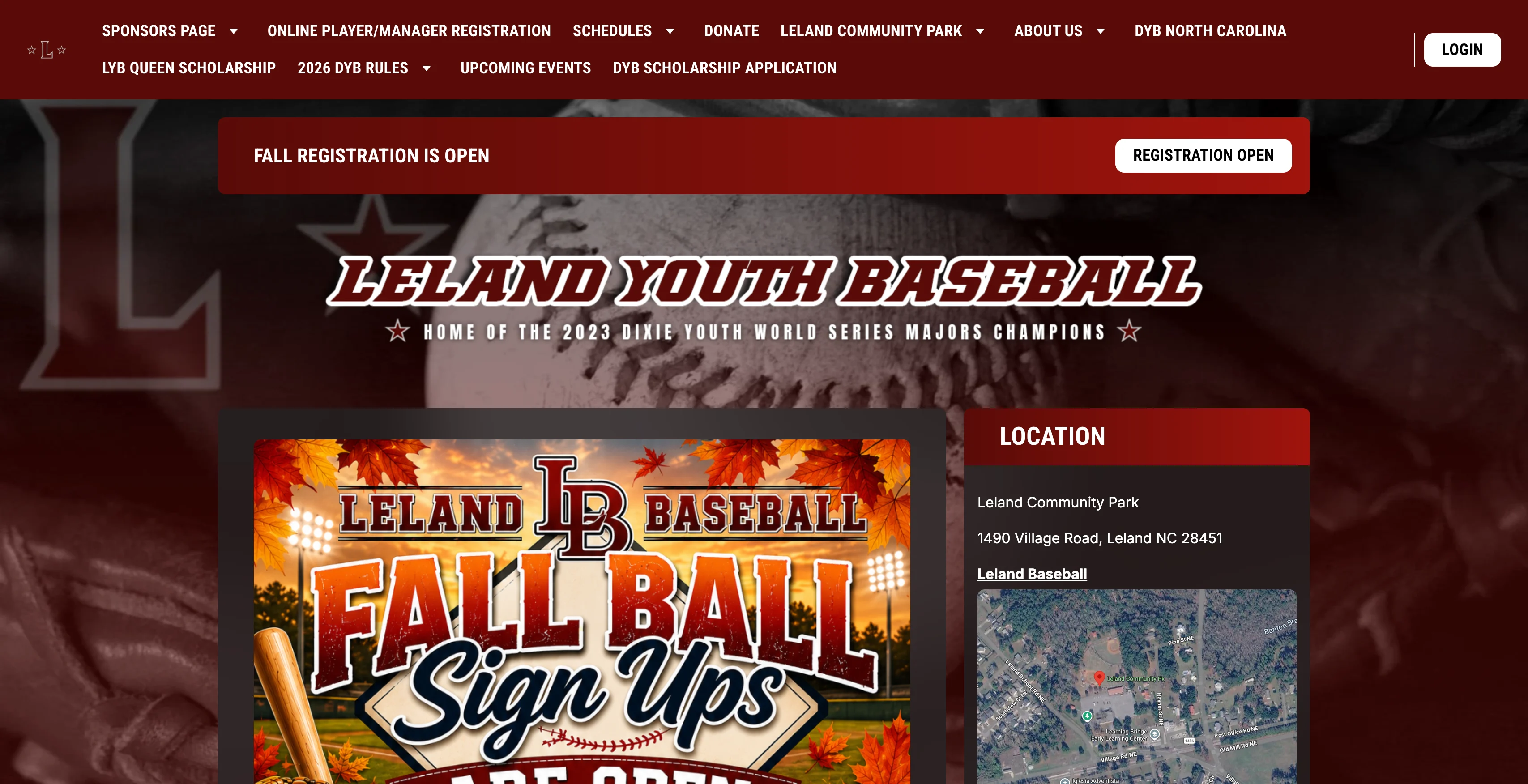 A screenshot of Leland Youth Baseball homepage