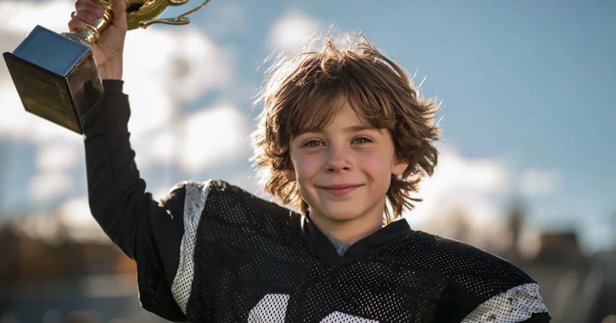 A youth football player holding up a trophy after a winning game