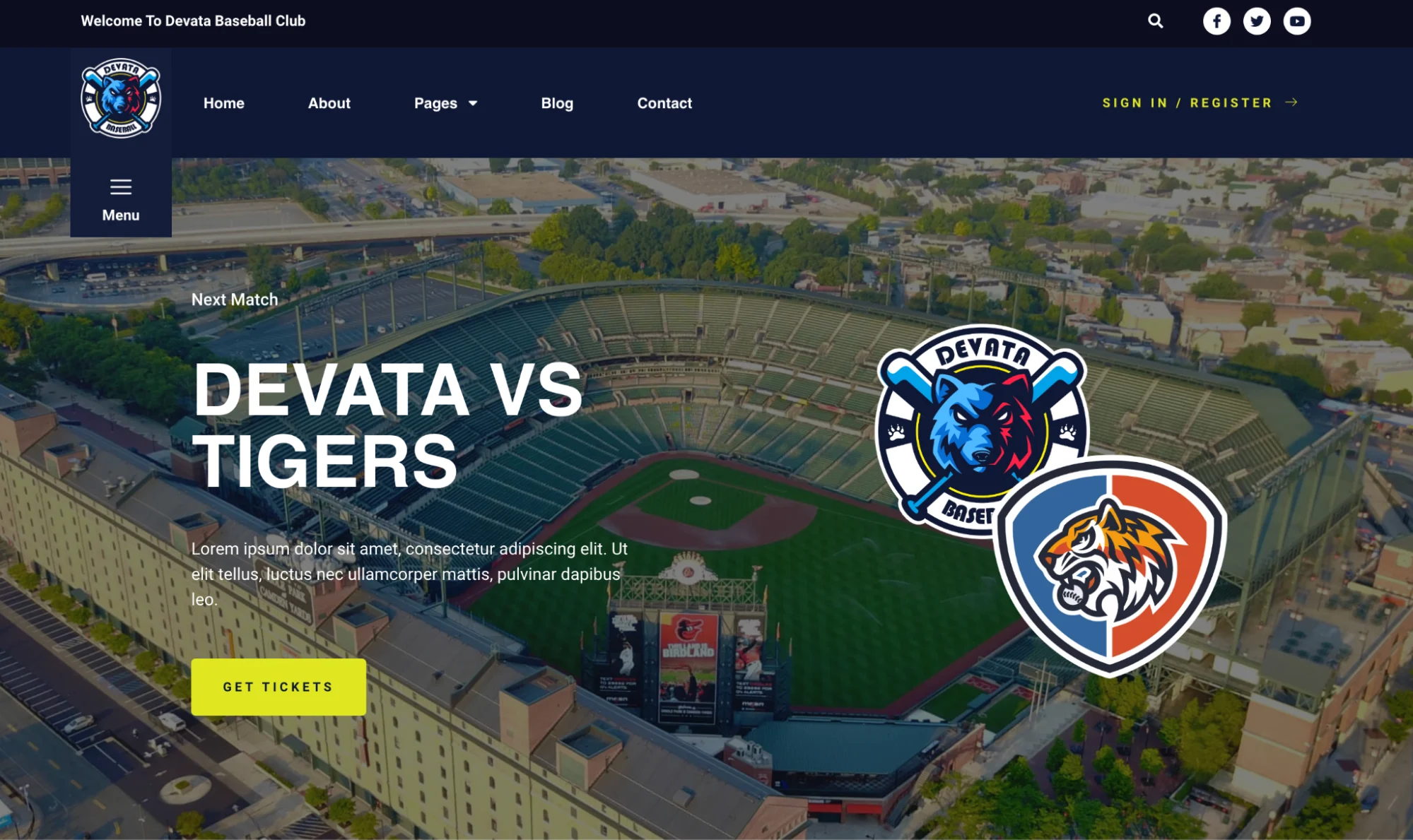 Baseball stadium with team logos for upcoming Devata vs Tigers match and a 'Get Tickets' button.