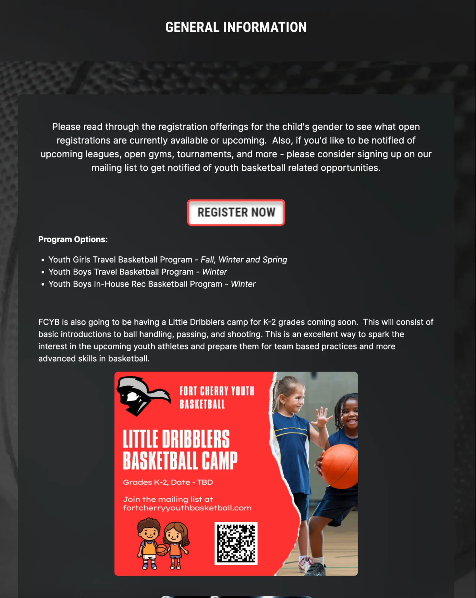 youth basketball website information page