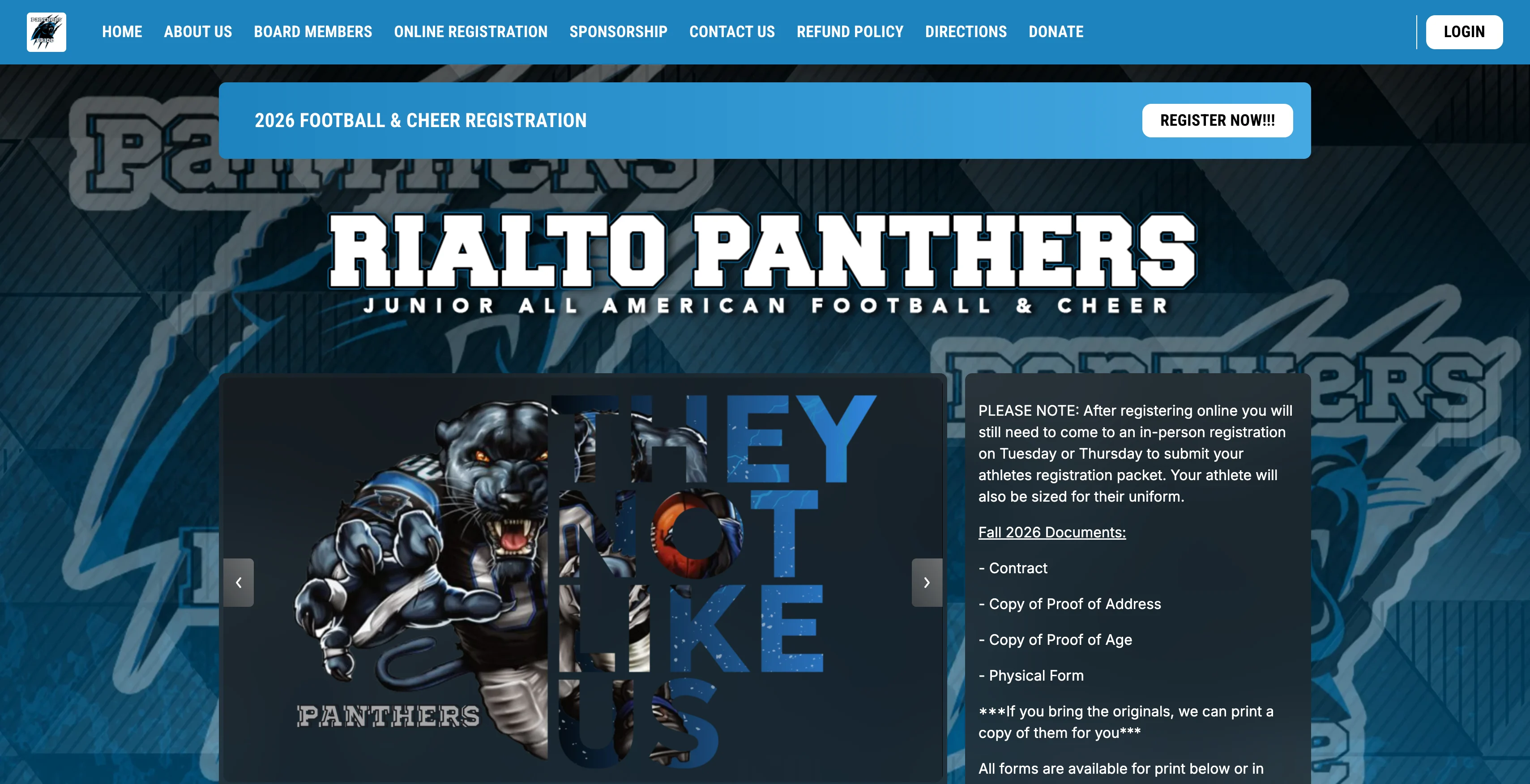 A screenshot of the Rialto Panther football and cheer website