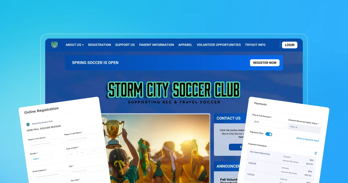 Illustration showing a youth soccer registration form and website