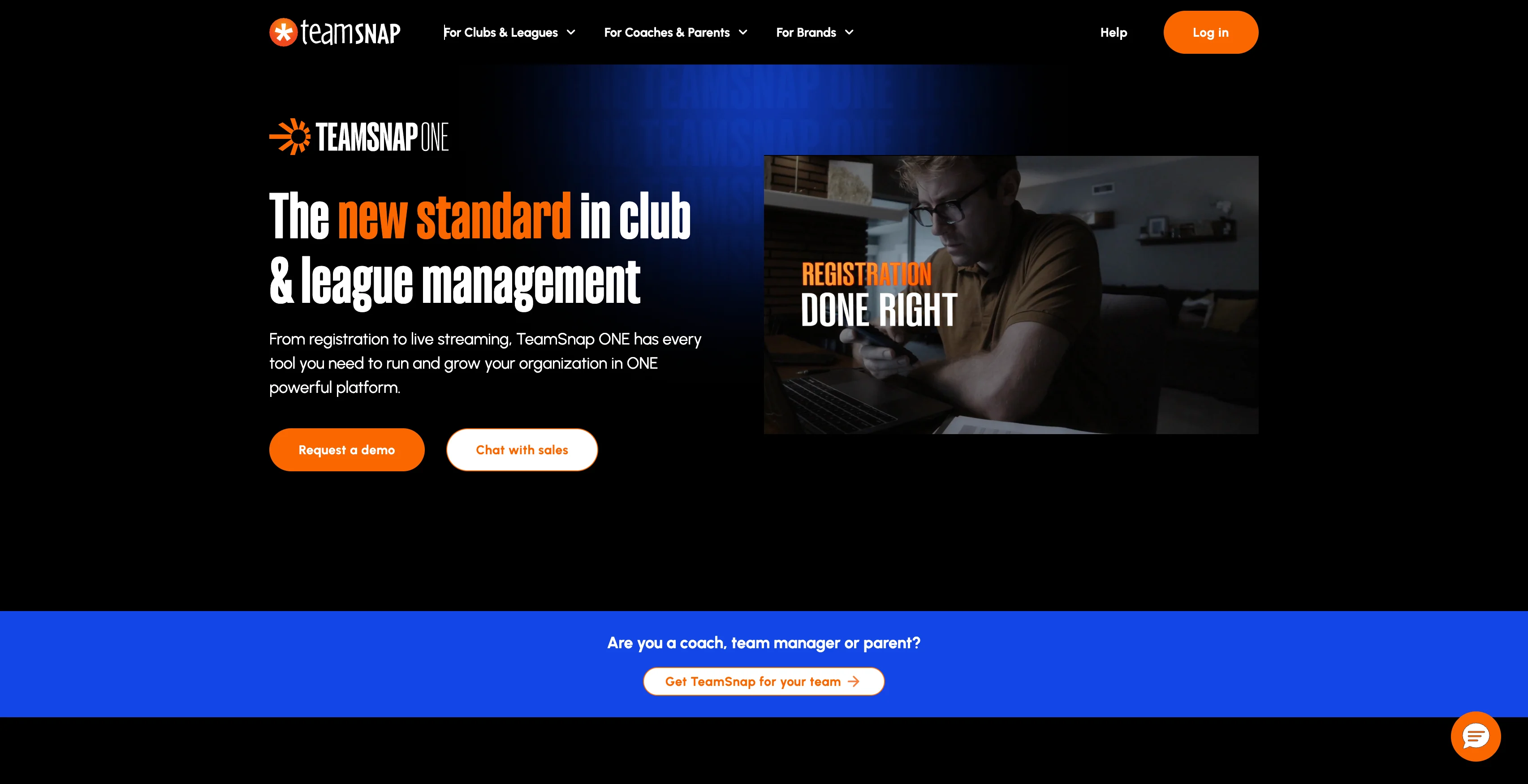 A screenshot of TeamSnap homepage which includes TeamSnap ONE