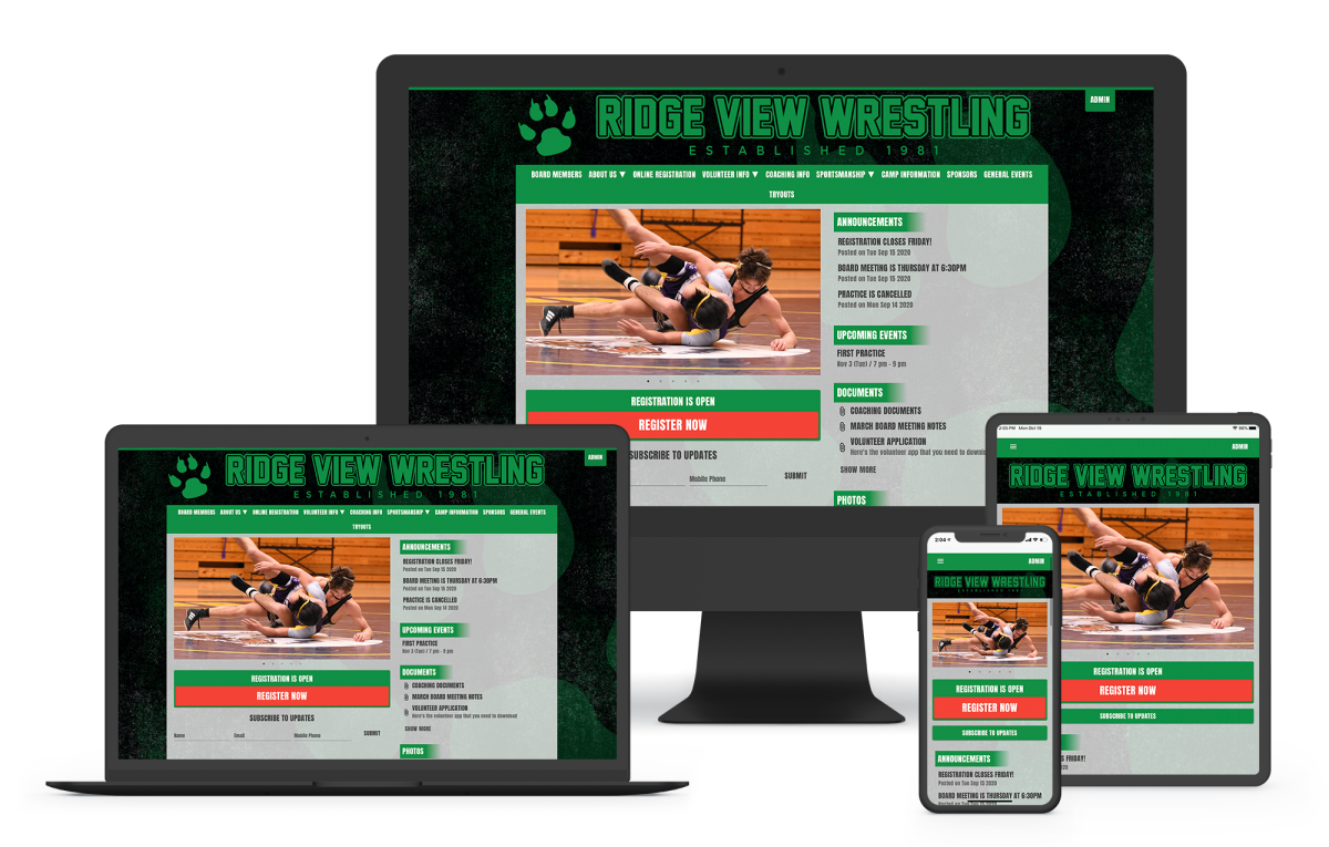 a wrestling club website builder with online registration, scheduling, and webpage templates