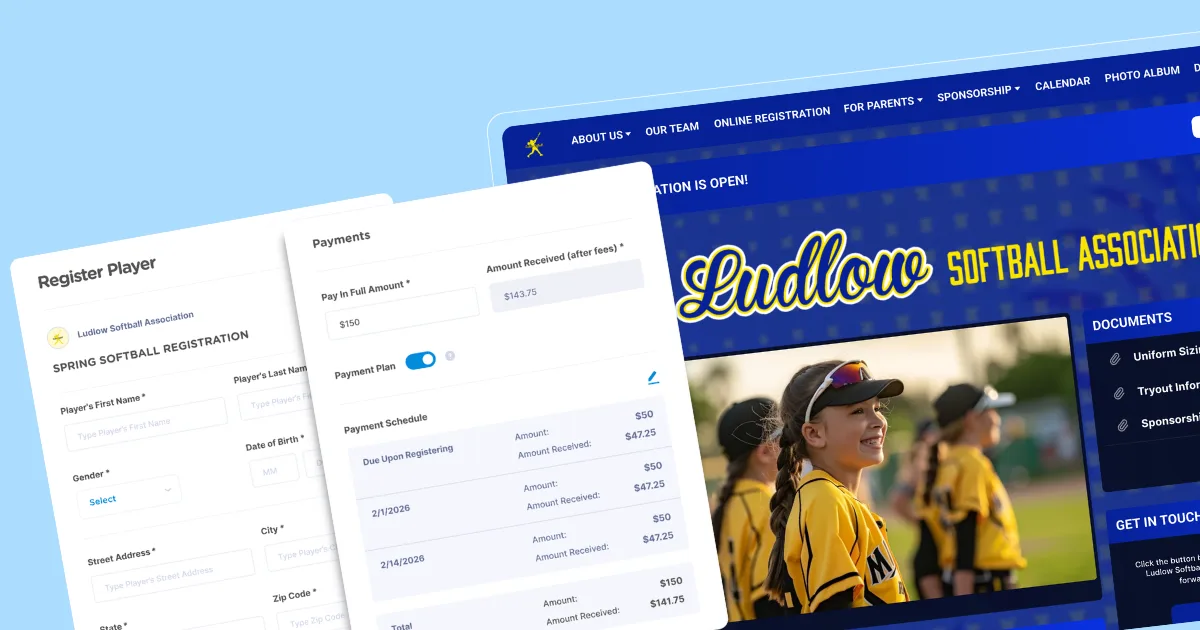 An illustration showing a softball sports club registration and payment form