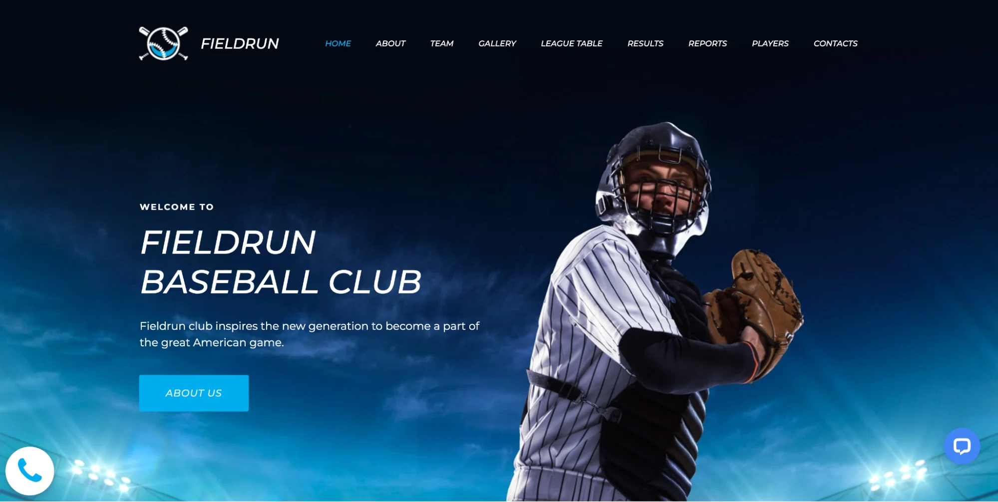 Baseball catcher in action under stadium lights with Fieldrun Baseball Club promotional text overlay.