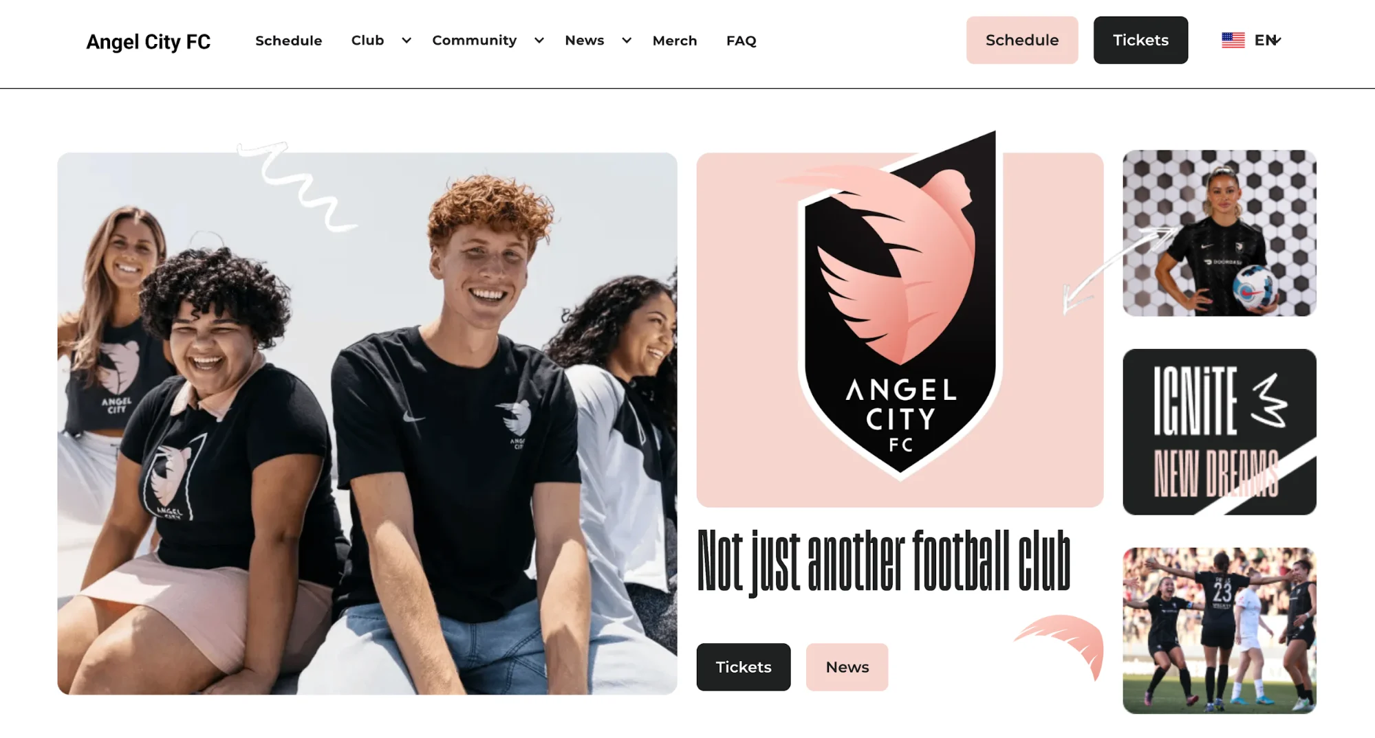 Group of smiling people wearing Angel City FC shirts on the club's website.