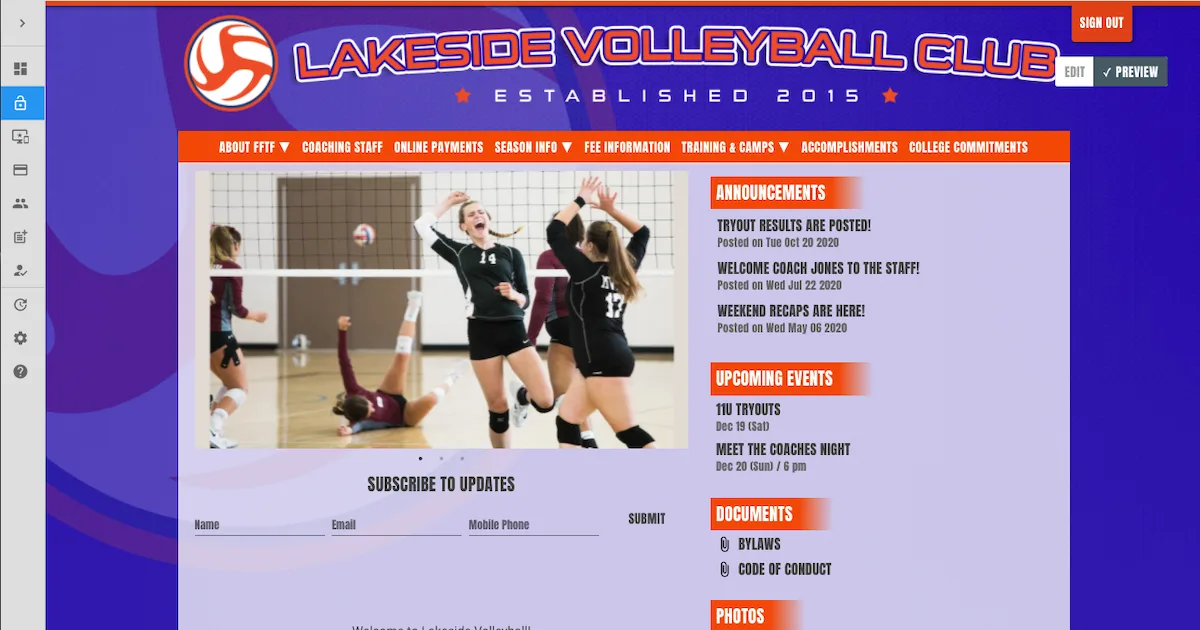 a website for a club volleyball program with online payments