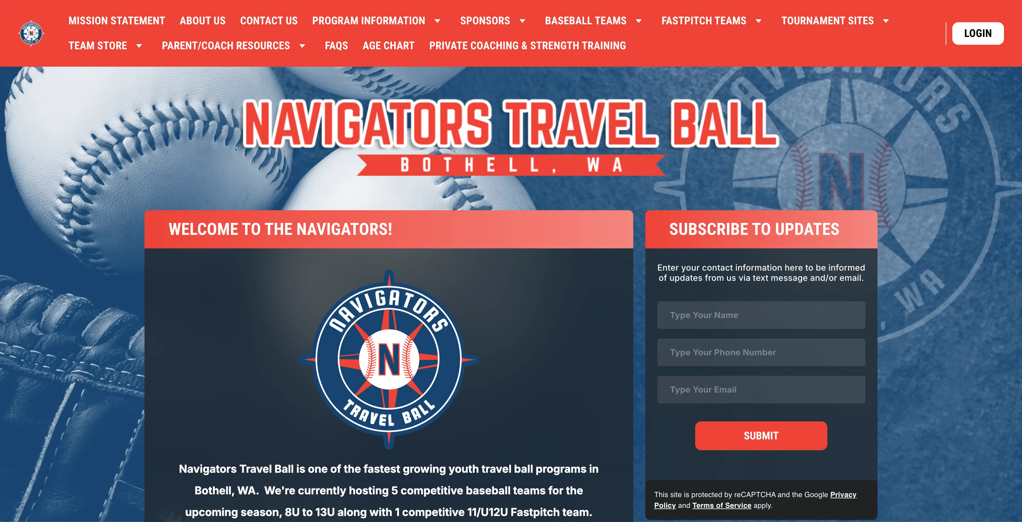 A screenshot of a travel baseball website, Navigators Travel Ball