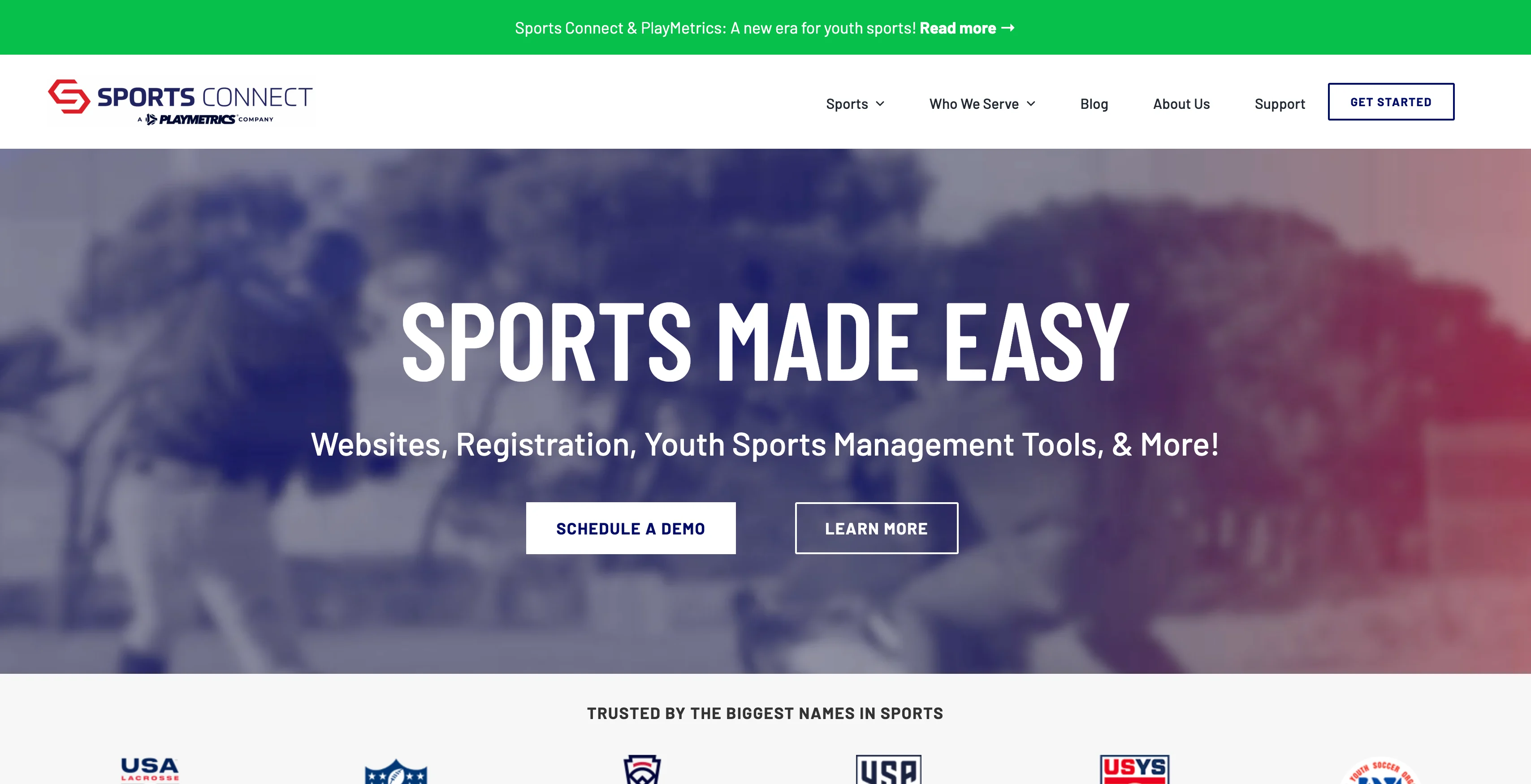 A screenshot of the Sports Connect homepage