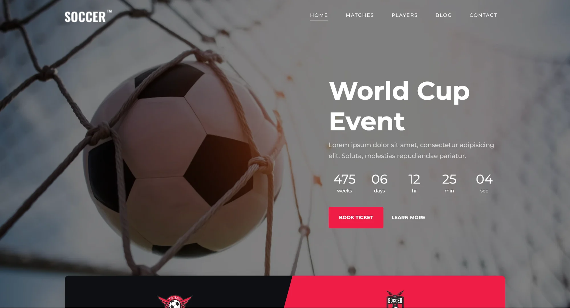 Soccer ball caught in a net with World Cup Event details on a soccer-themed website.