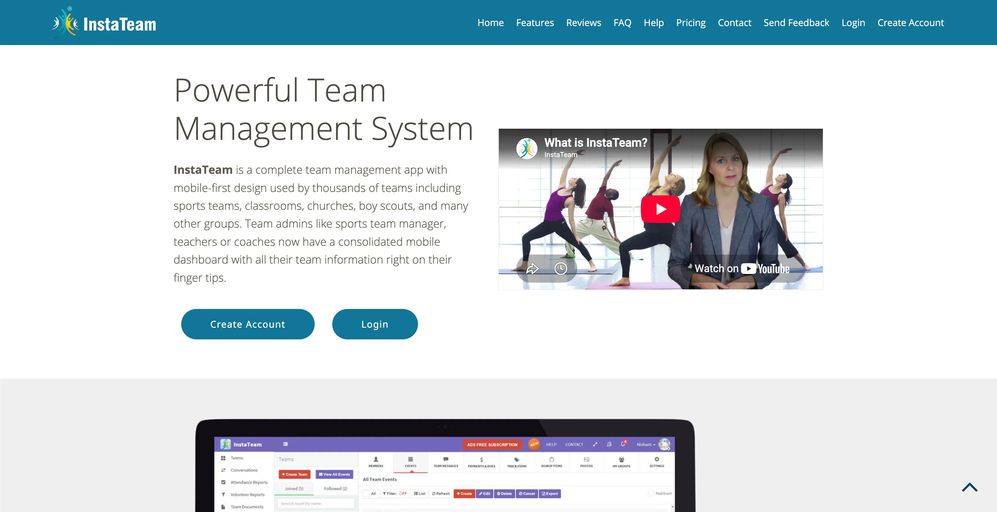 A screenshot of the InstaTeam homepage