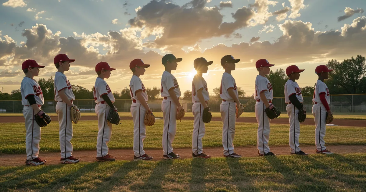 Youth travel baseball players standing on a field