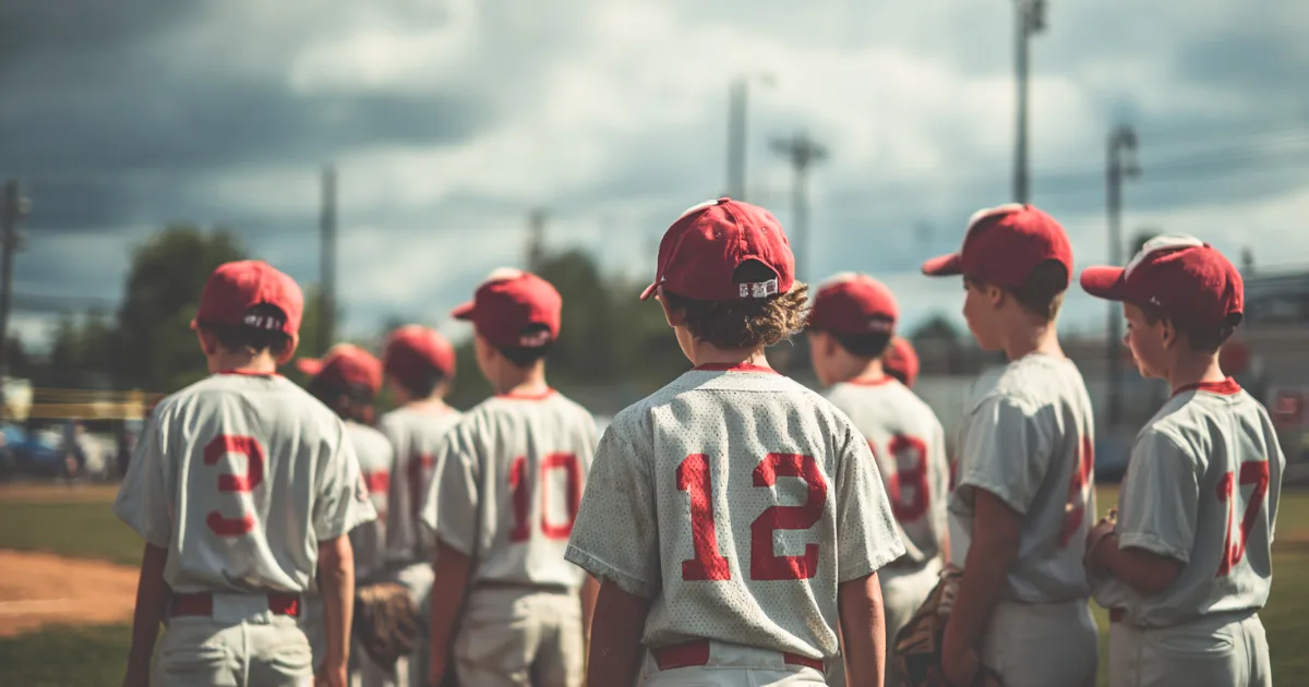 Youth baseball players standing on the field before a game