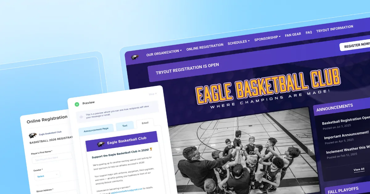 A youth sports website, communication and registration tools that are part of a sports team management app