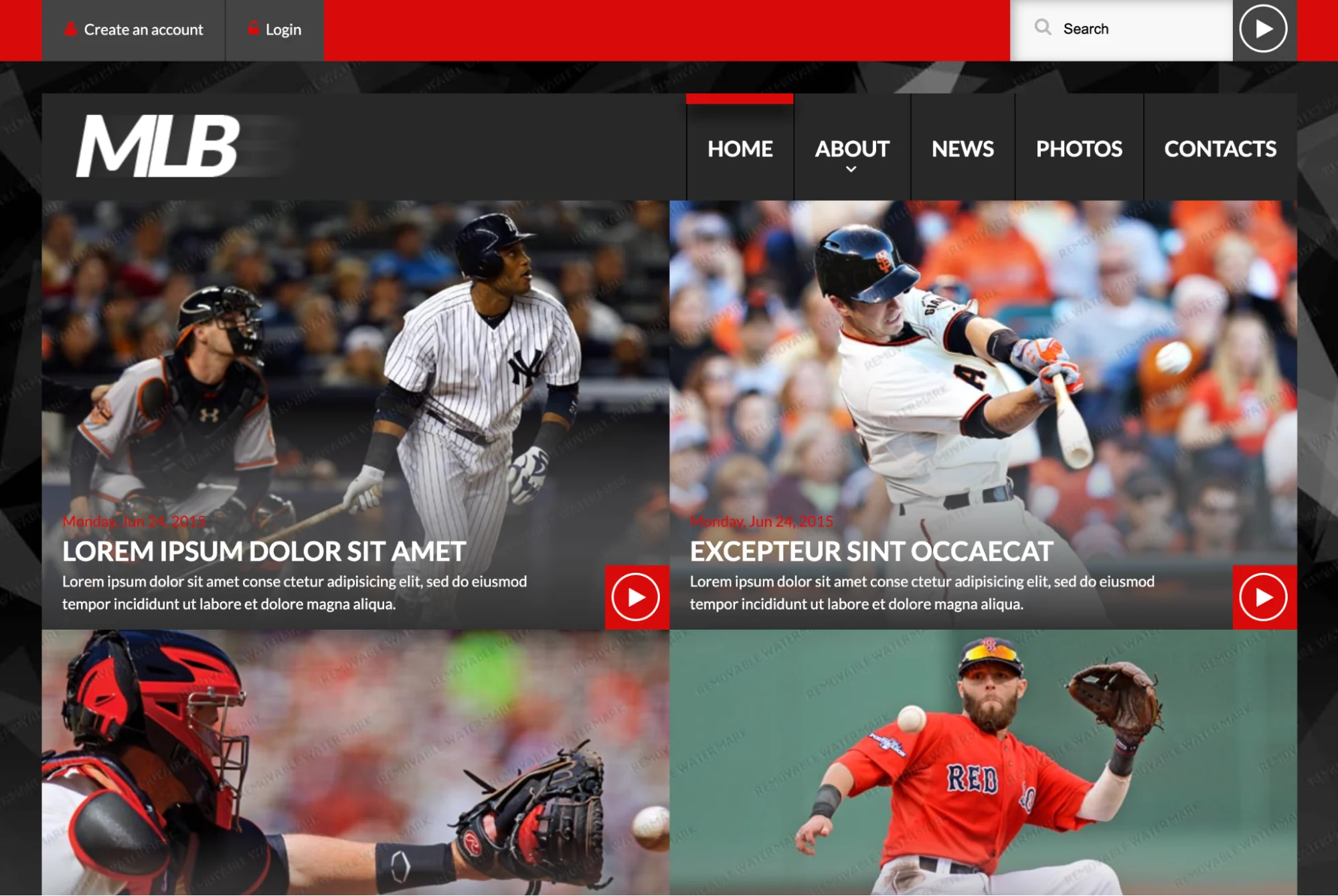 MLB website featuring baseball news with images of players from Yankees, Giants, and Red Sox teams.