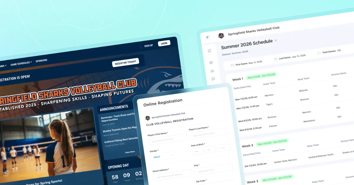 An illustration showing a volleyball website, registration and scheduling tools