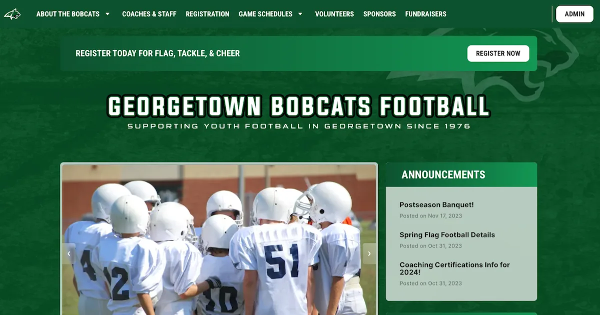 a website homepage for a youth football program
