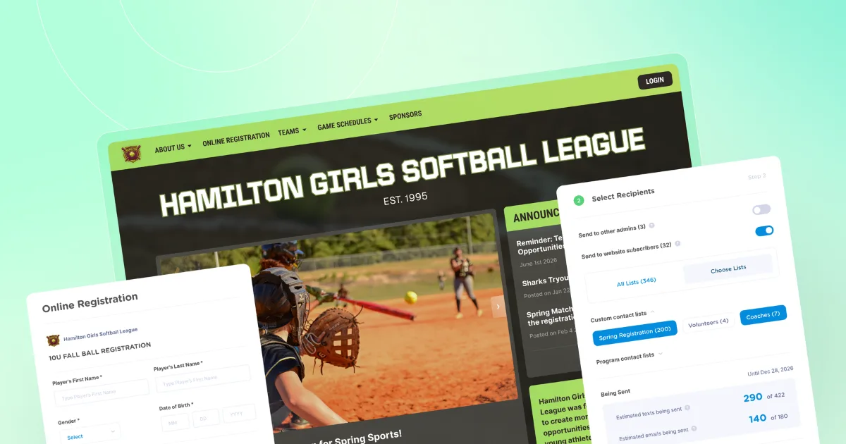 An illustration showing softball league management software which includes a website, registration and messaging
