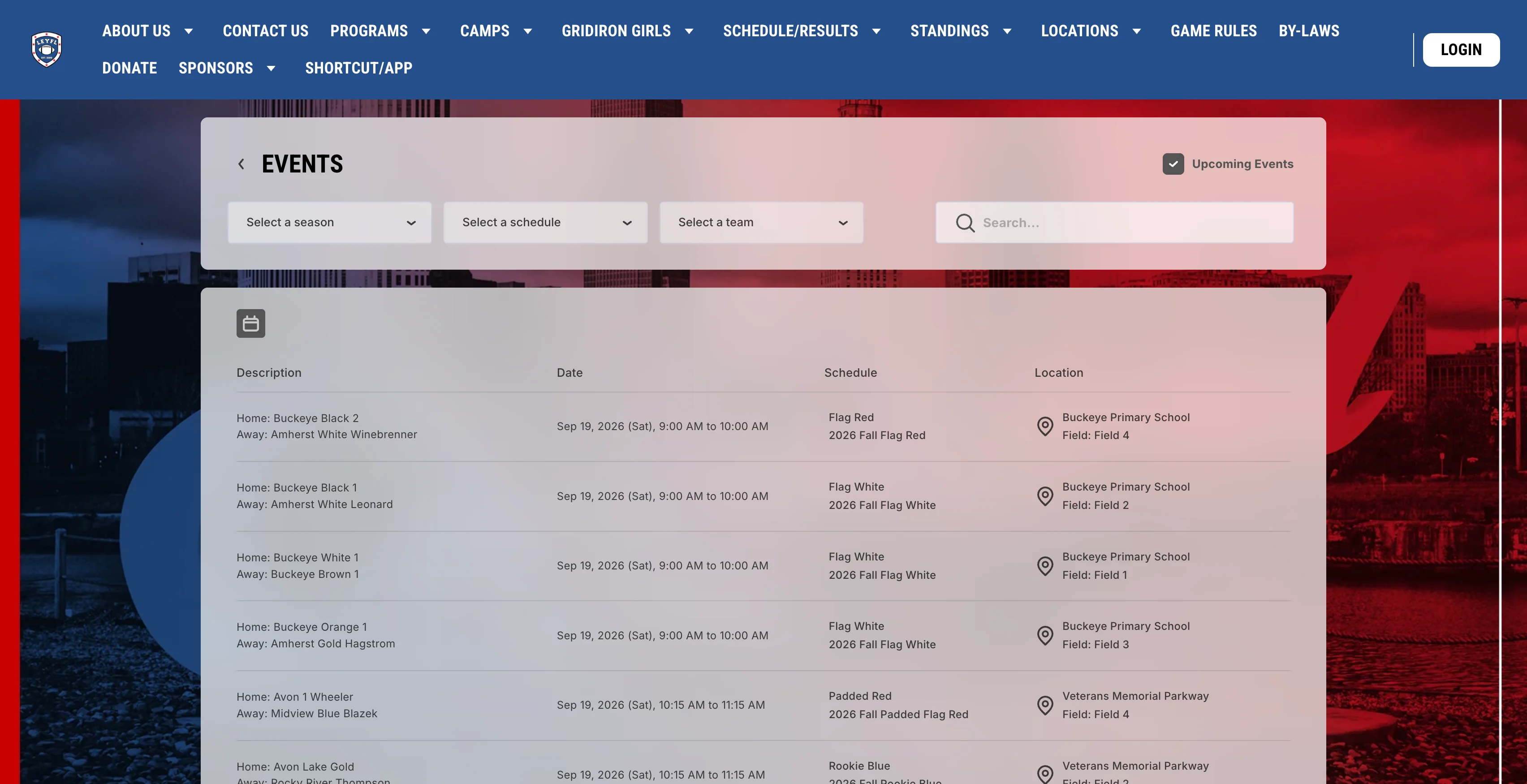 A screenshot of Lake Erie Youth Football League event calendar with schedules