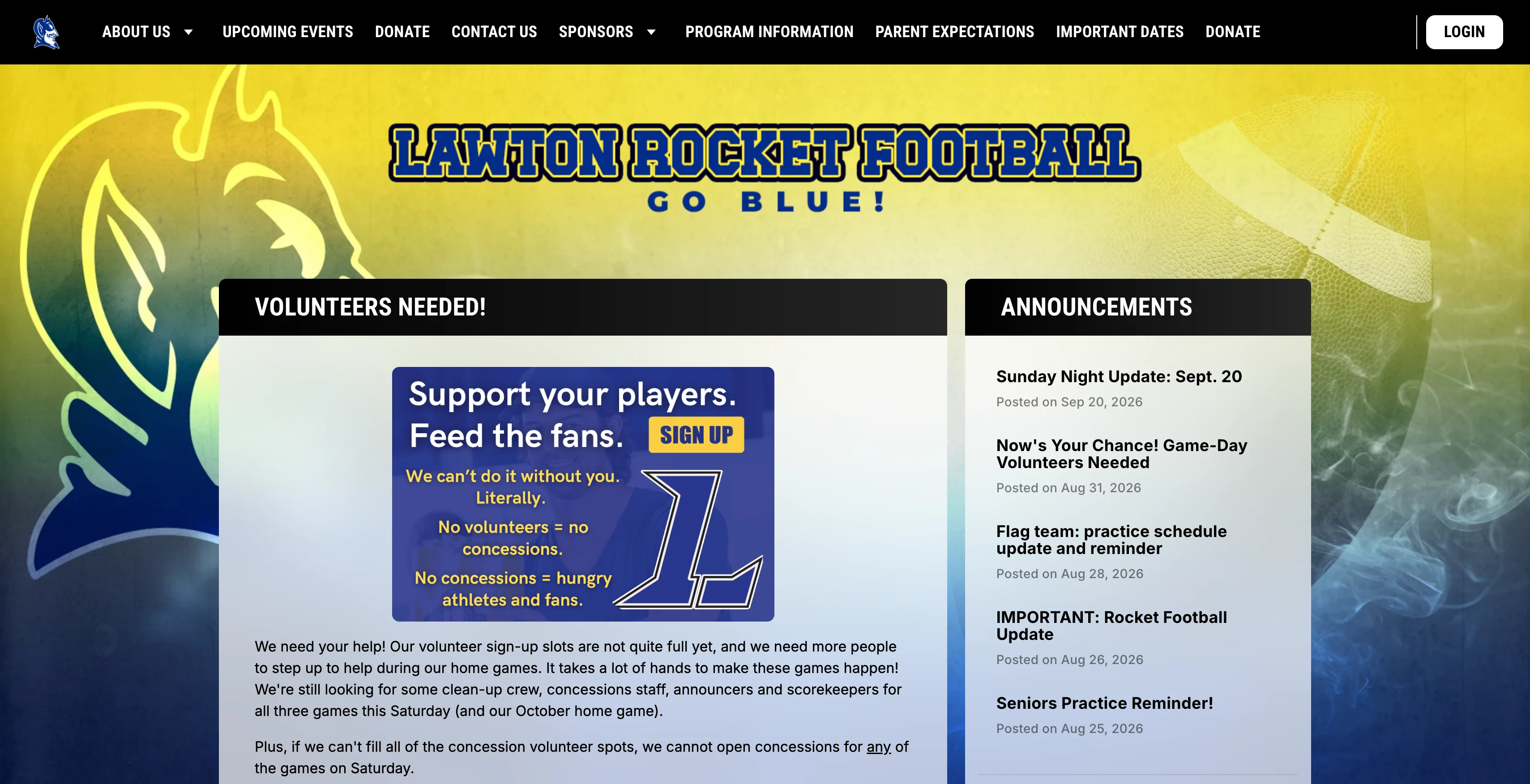 A screenshot of the Lawton Rocket Football announcement feed