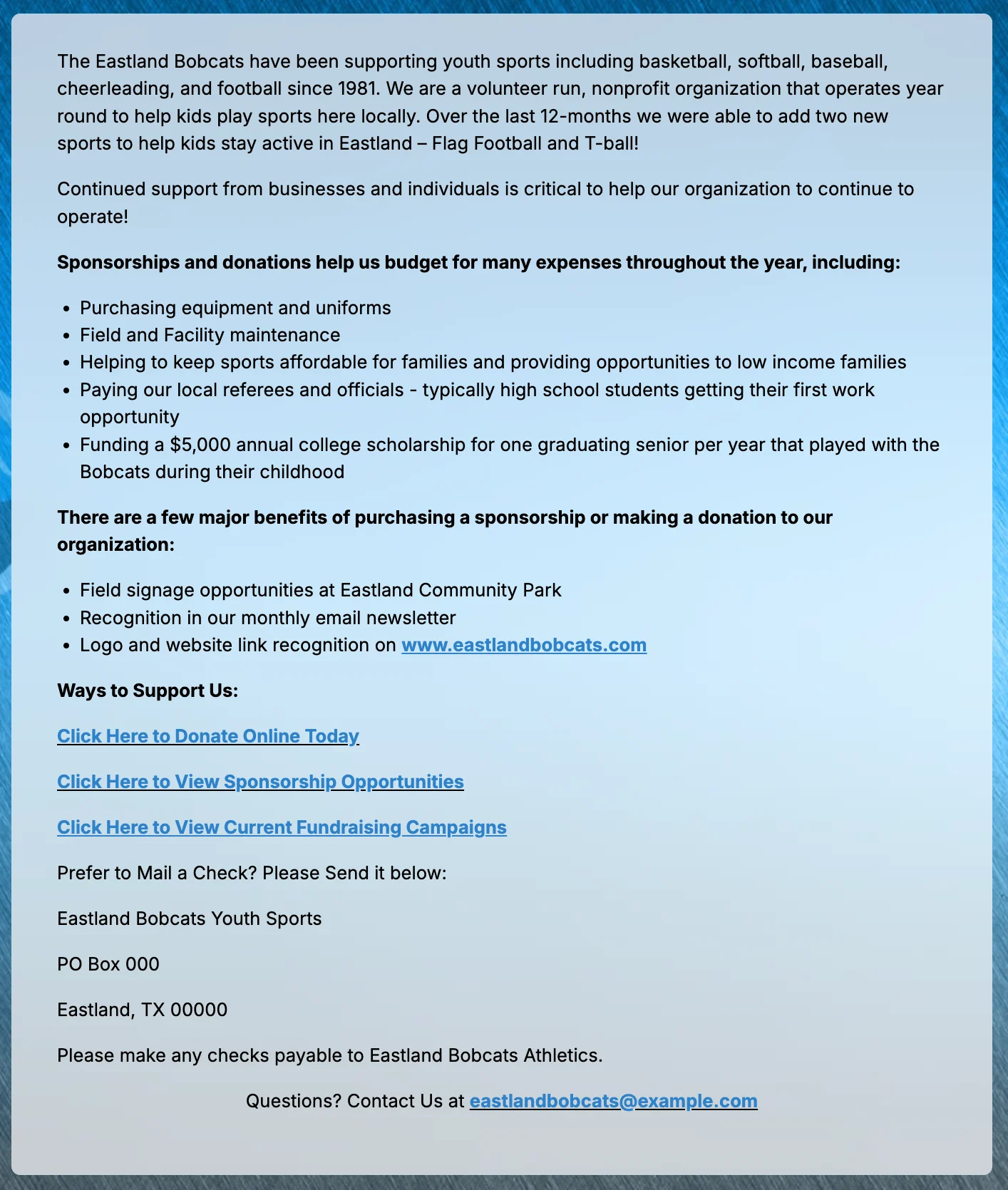 A screenshot of the Eastland Bobcats sponsorship page on their website