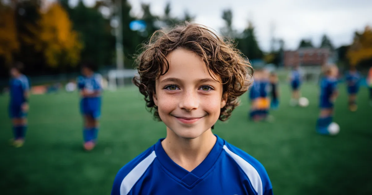A youth soccer player standing on the field before a game