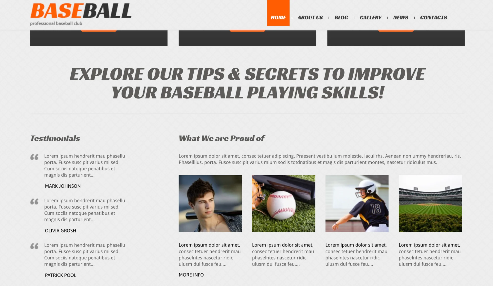 Baseball website section with testimonials and tips for improving baseball skills, featuring player images.