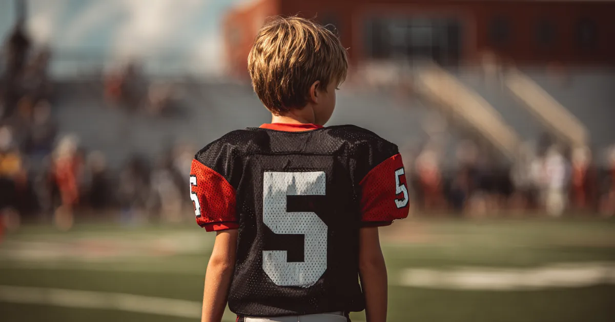 A youth football player before a game standing on the field