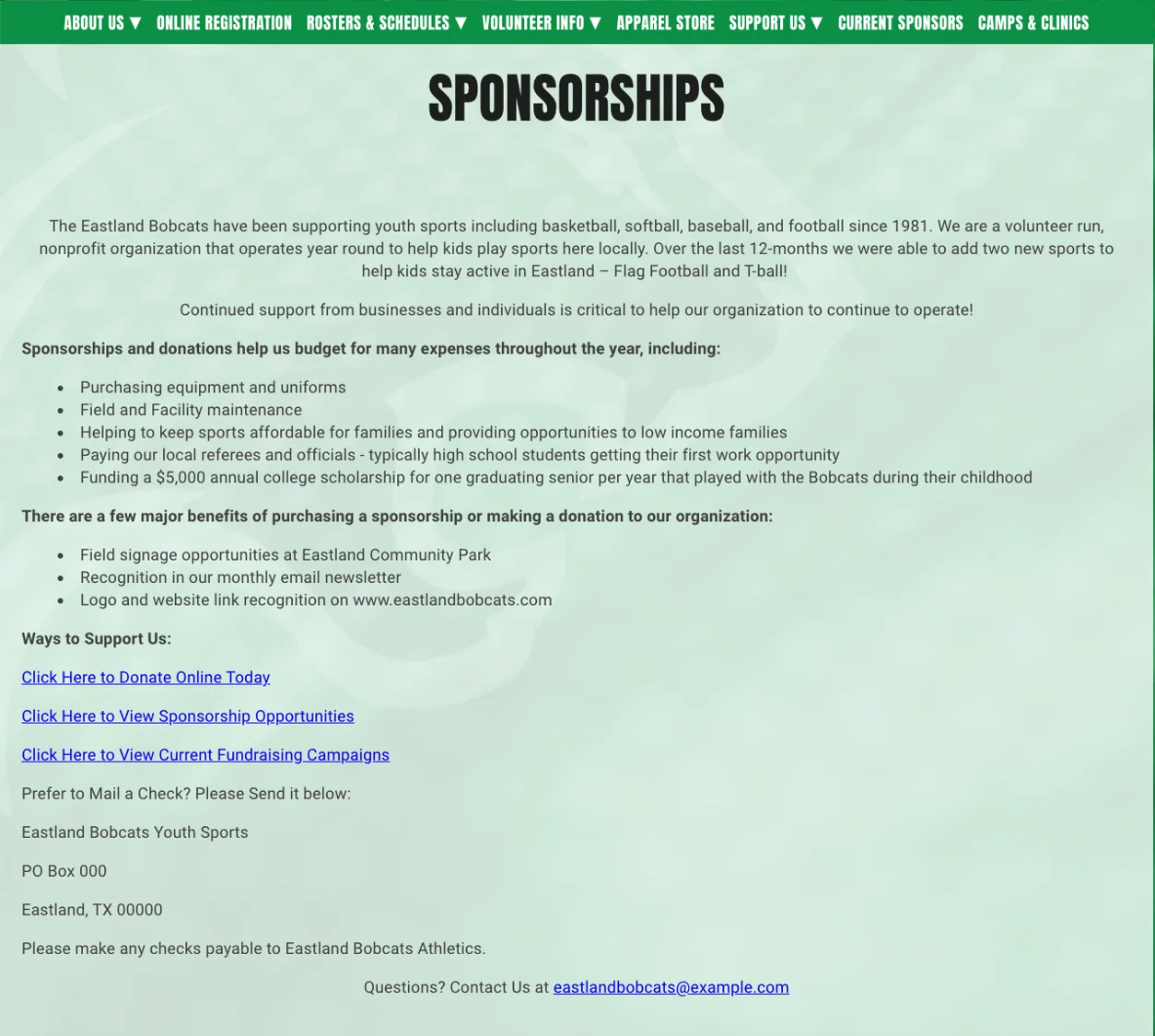 a youth sports sponsorship page on a website with different packages