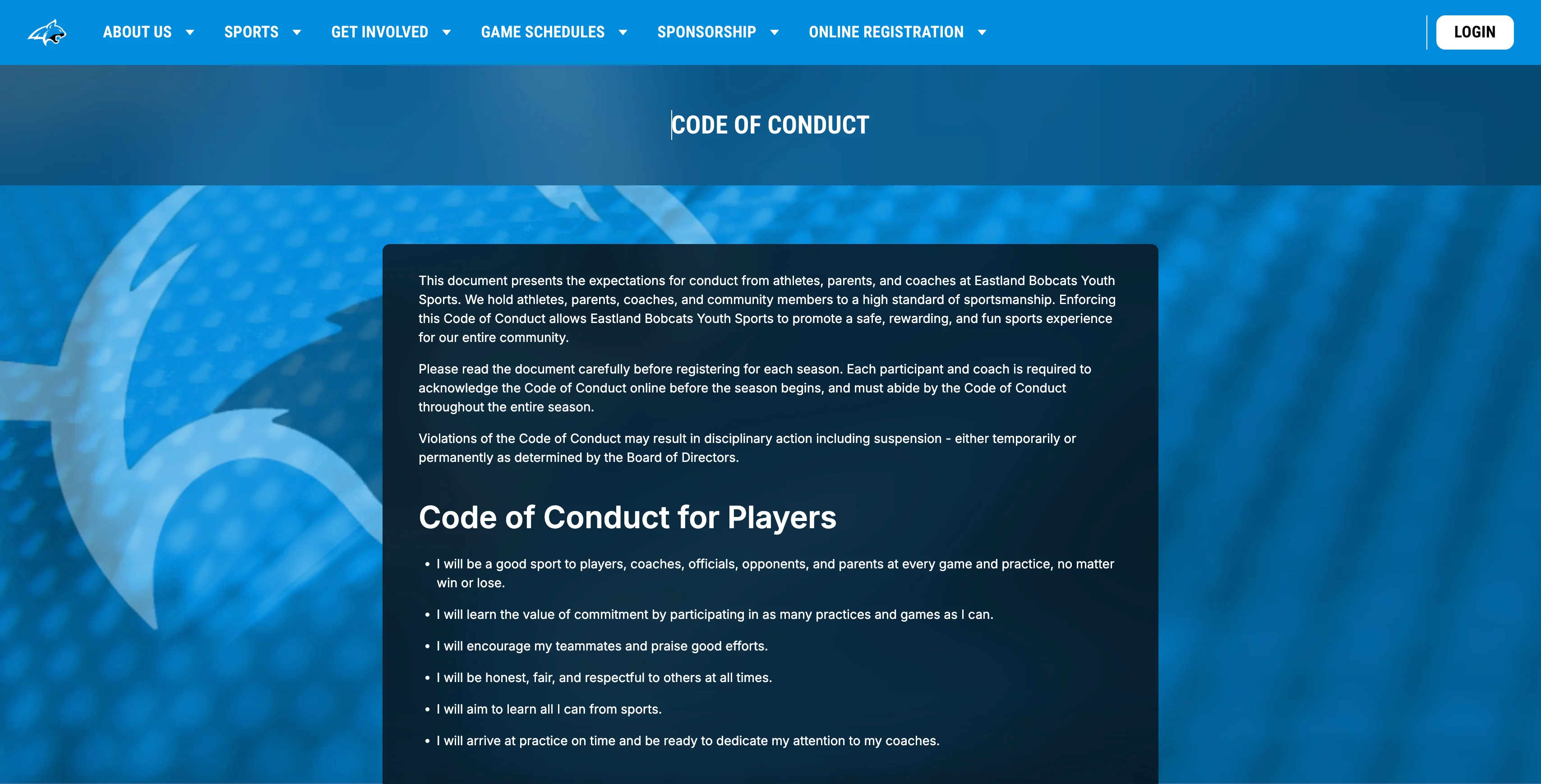 a youth sports code of conduct for parents and players on a website