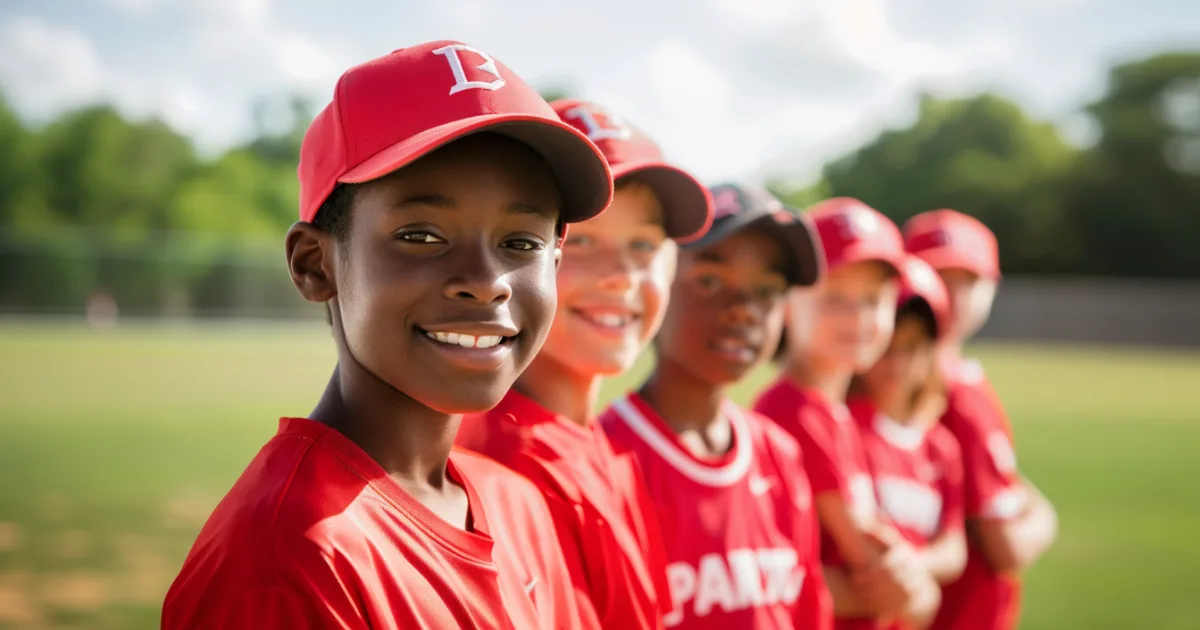 Image of youth baseball players standing on a field smiling