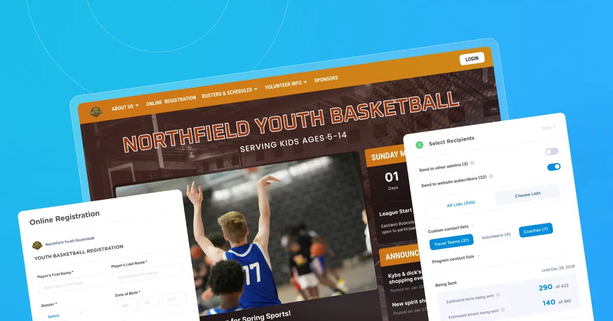 An illustration showing youth basketball management software featuring a website, registration and communication
