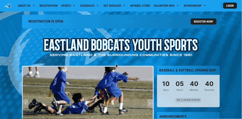 a donation option on the homepage of a youth sports website
