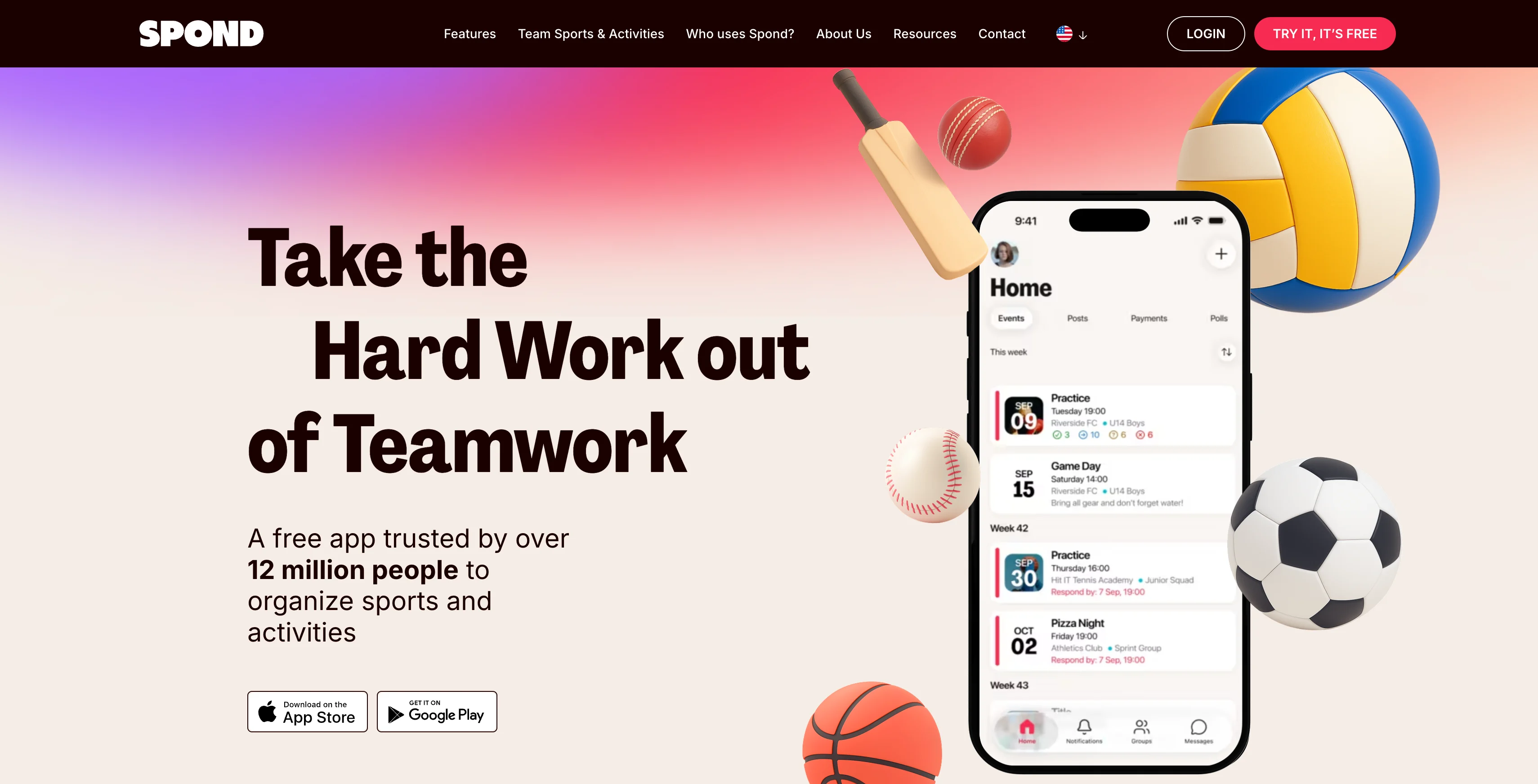 A screenshot of the Spond homepage