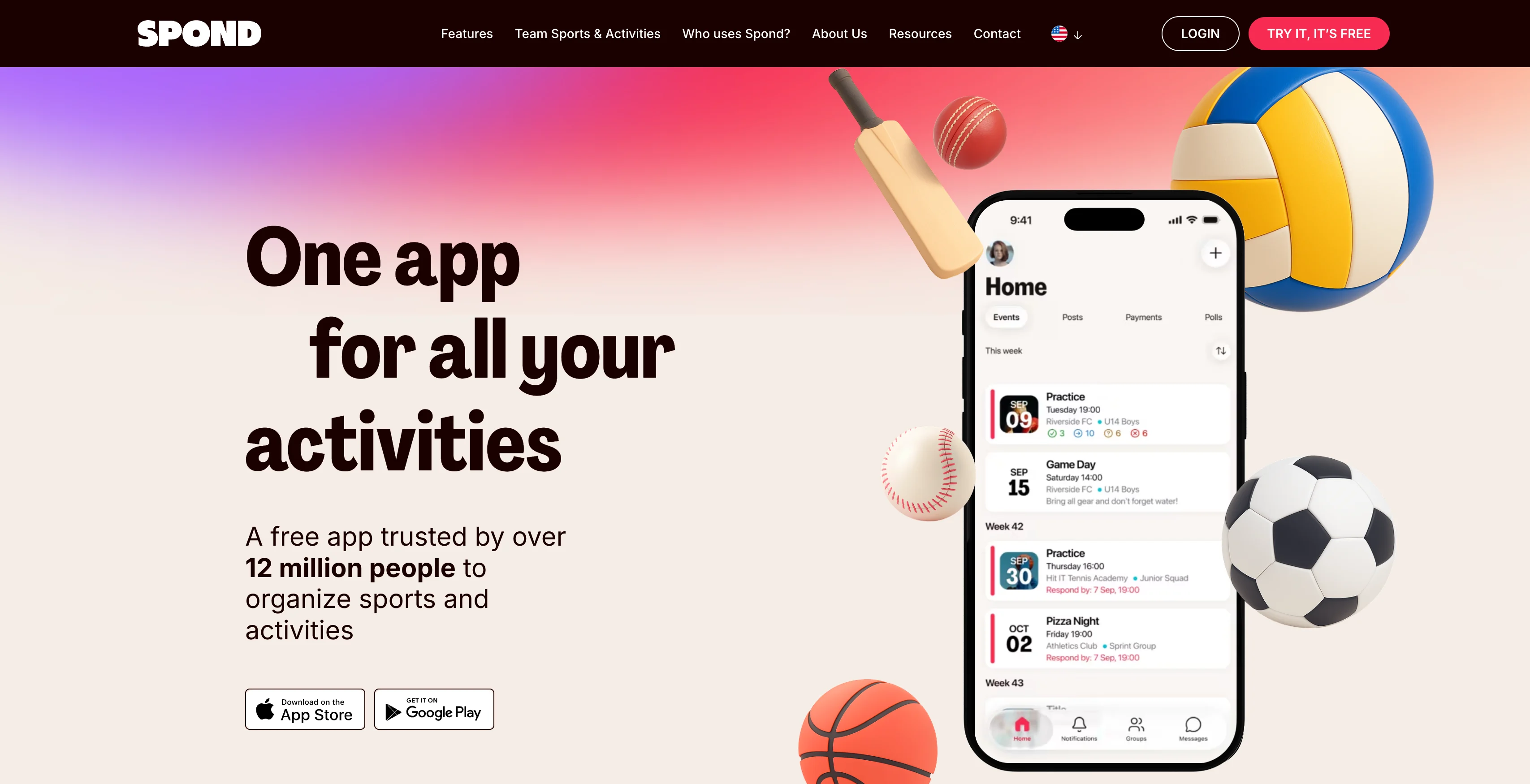 A screenshot of the Spond homepage