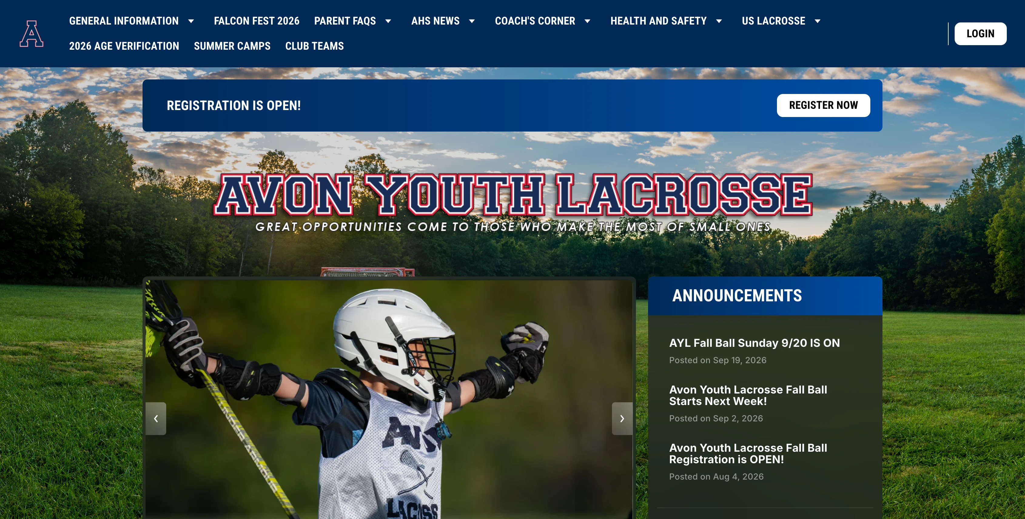 A screenshot of the Avon Youth Lacrosse website homepage