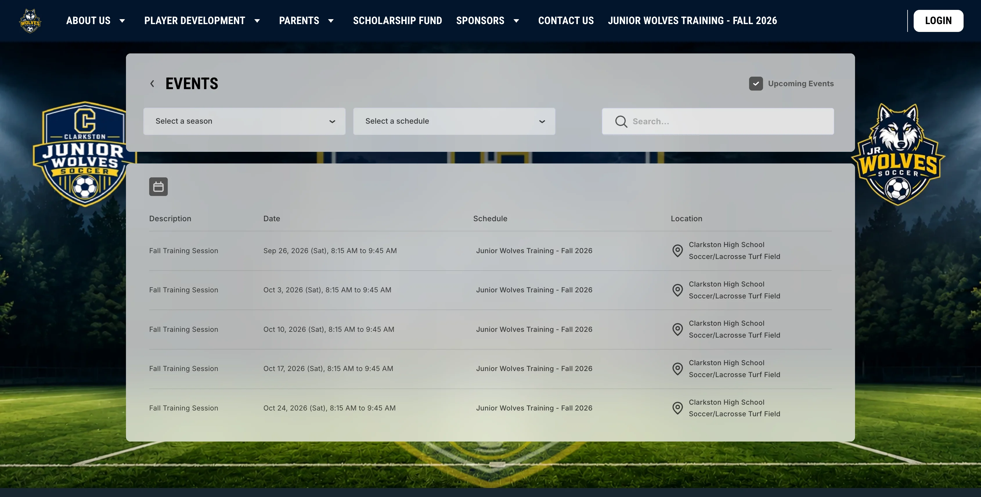 An event page on Junior Wolves Soccer website
